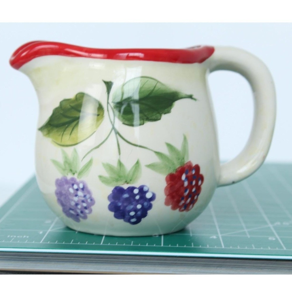Nantucket Home Fruit Ceramic Creamer Pitcher Strawberry Blackberry Red Rim 3.5in